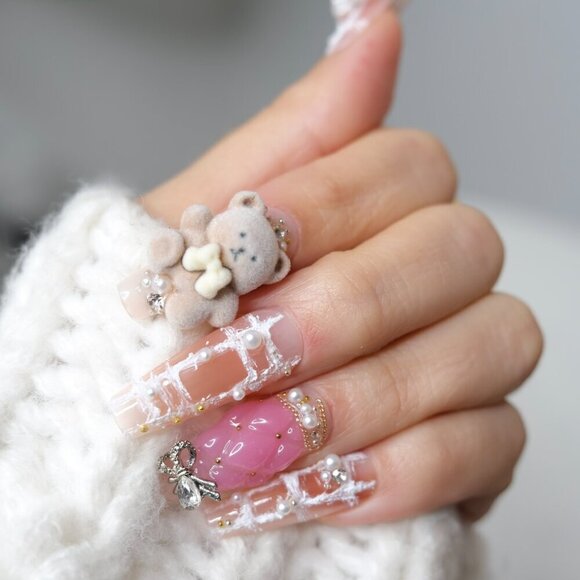 tipsy | Handmade Press On Nails | Long Coffin| 3D Nail | Crochet | Beary Pearly - Picture 7 of 16